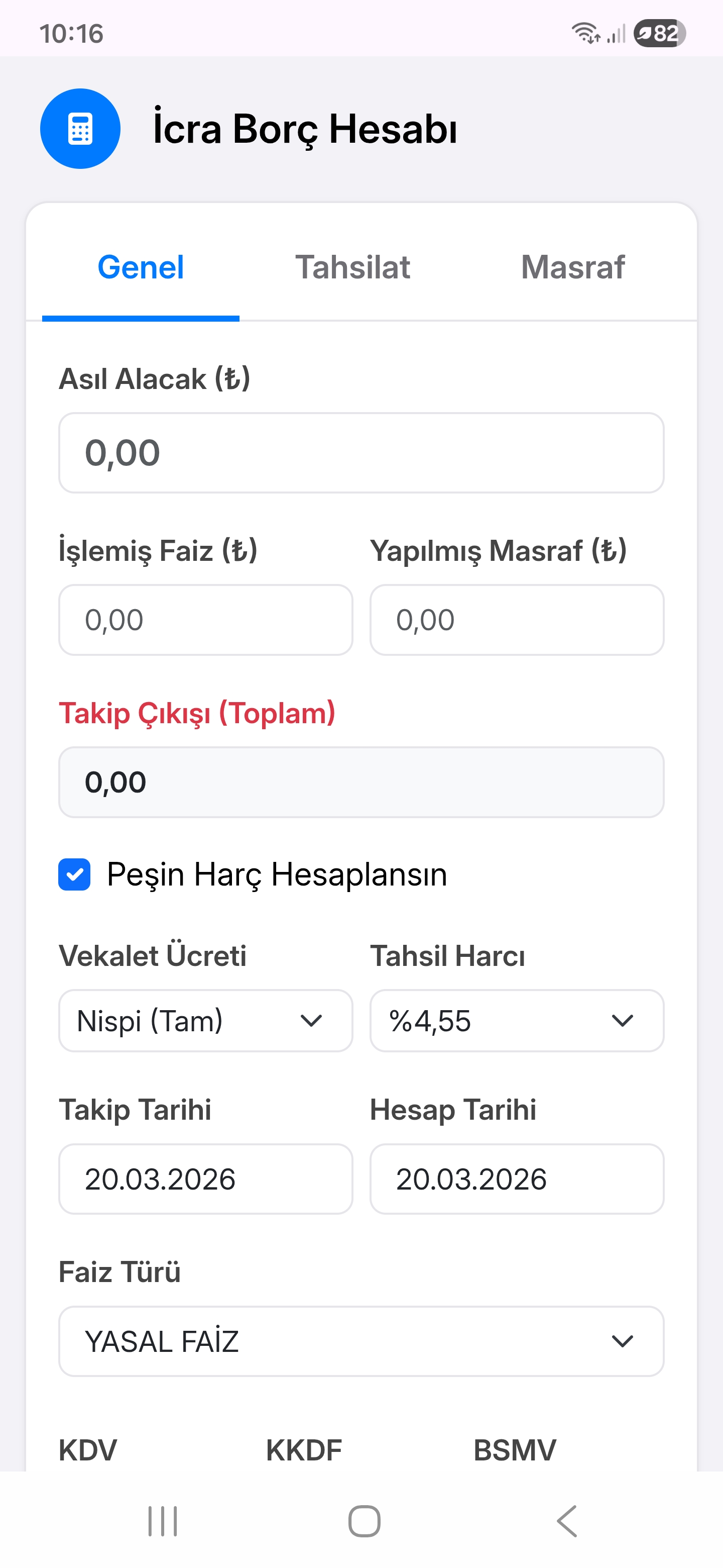 İcra Borç Hesabı Ekranı
