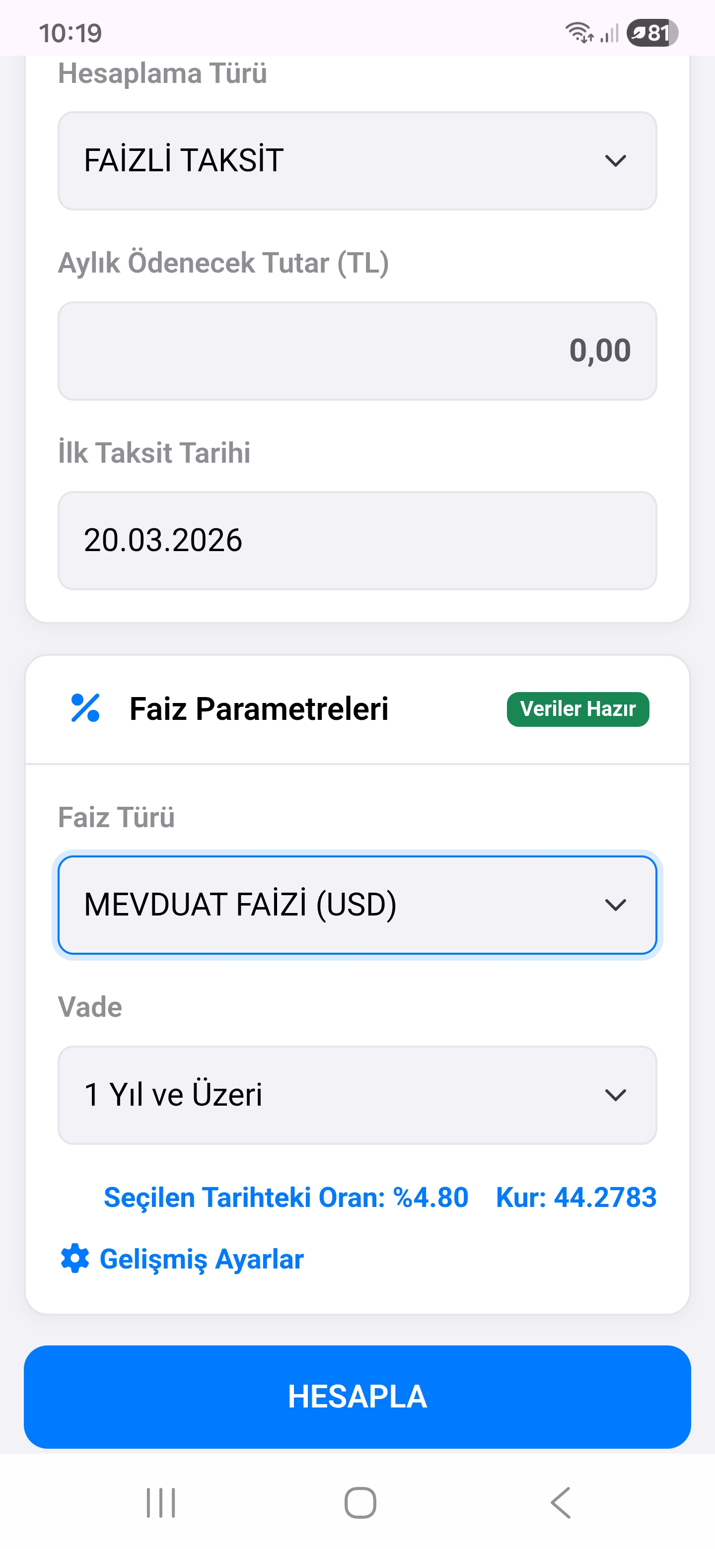 Faiz Hesaplama Parametreleri